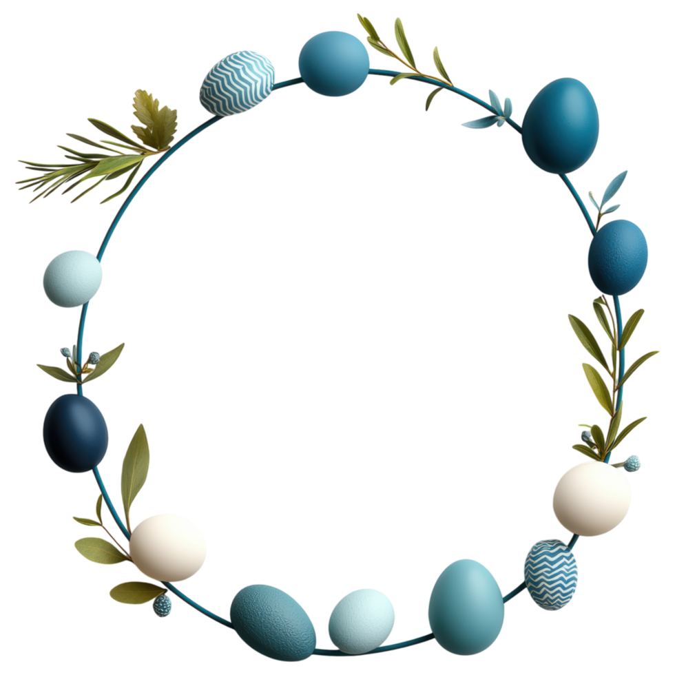 Free Isolated on Transparent Background, beautiful easter frame adorned with colorful eggs and delicate leaves in blue tone creates festive atmosphere png