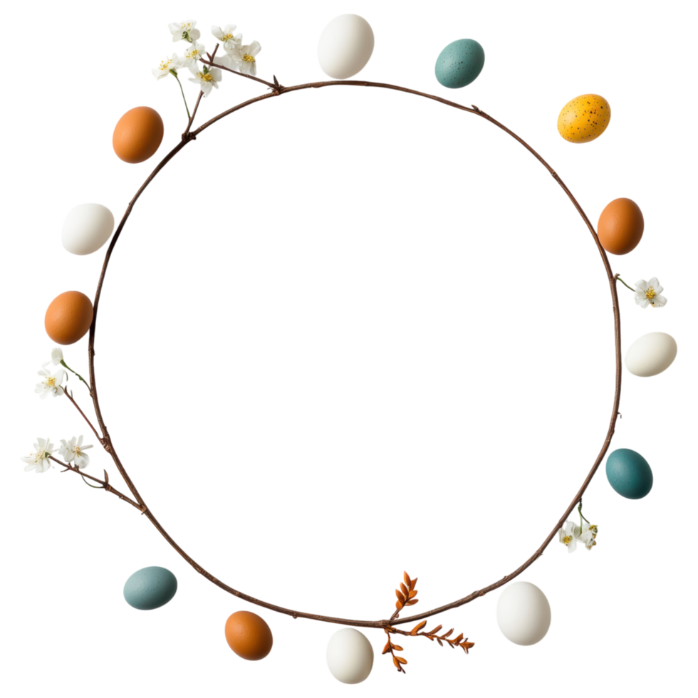 Free Isolated on Transparent Background, Easter frame adorned with colorful eggs and delicate flowers creates festive atmosphere png