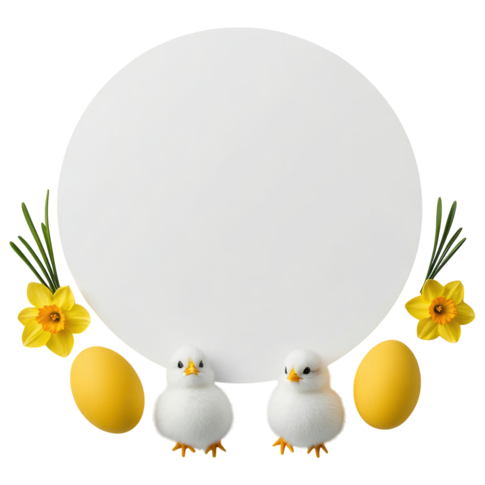 Free Isolated on Transparent Background, delightful Easter frame featuring two cute chicks, vibrant yellow eggs, and cheerful flowers png