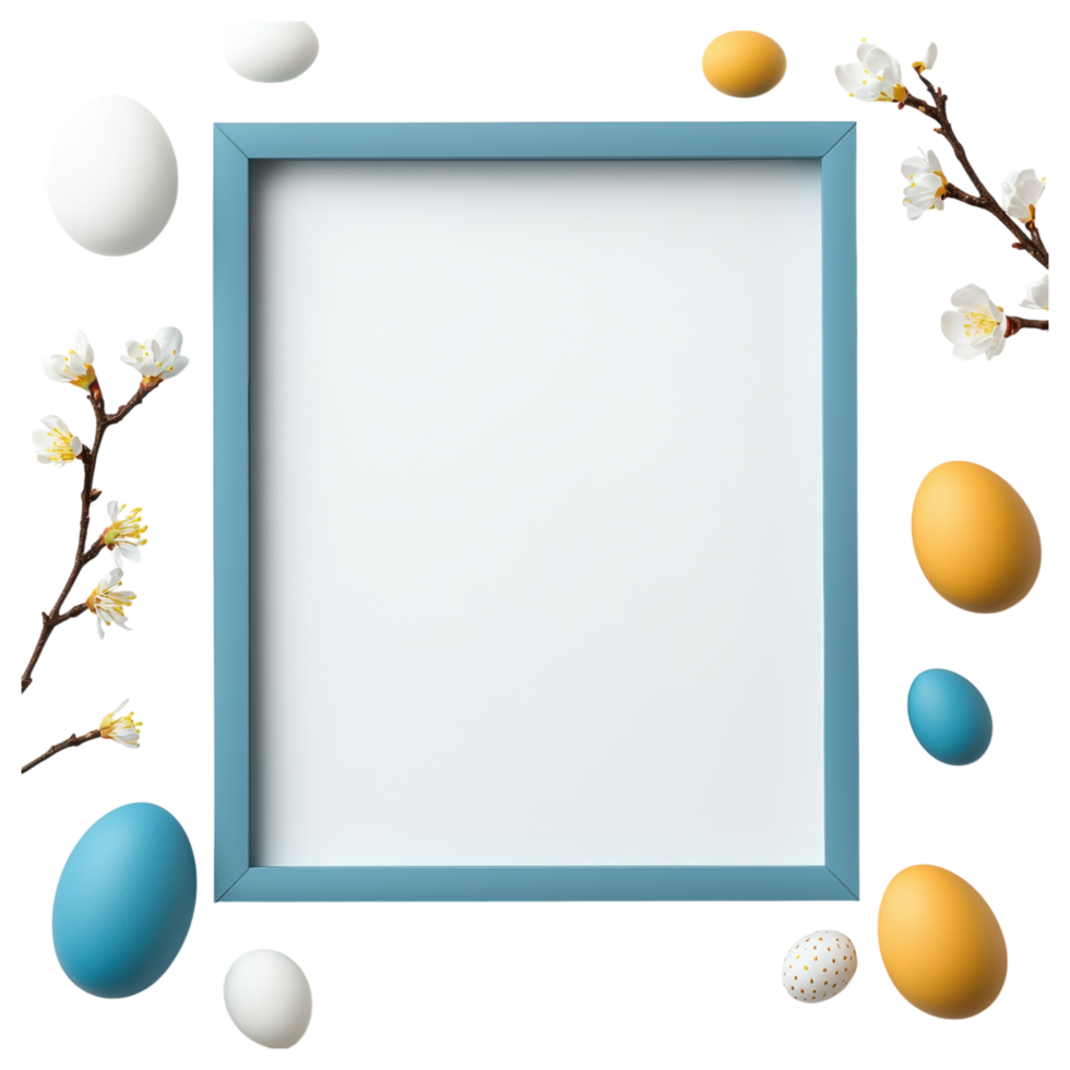 Free Isolated on Transparent Background, beautiful easter frame surrounded by colorful eggs and delicate flowers creates festive atmosphere png