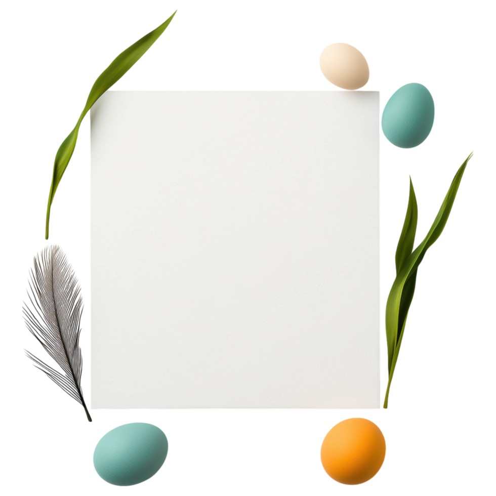 Free Isolated on Transparent Background, beautiful easter frame with colorful eggs and green leaves creates festive atmosphere png