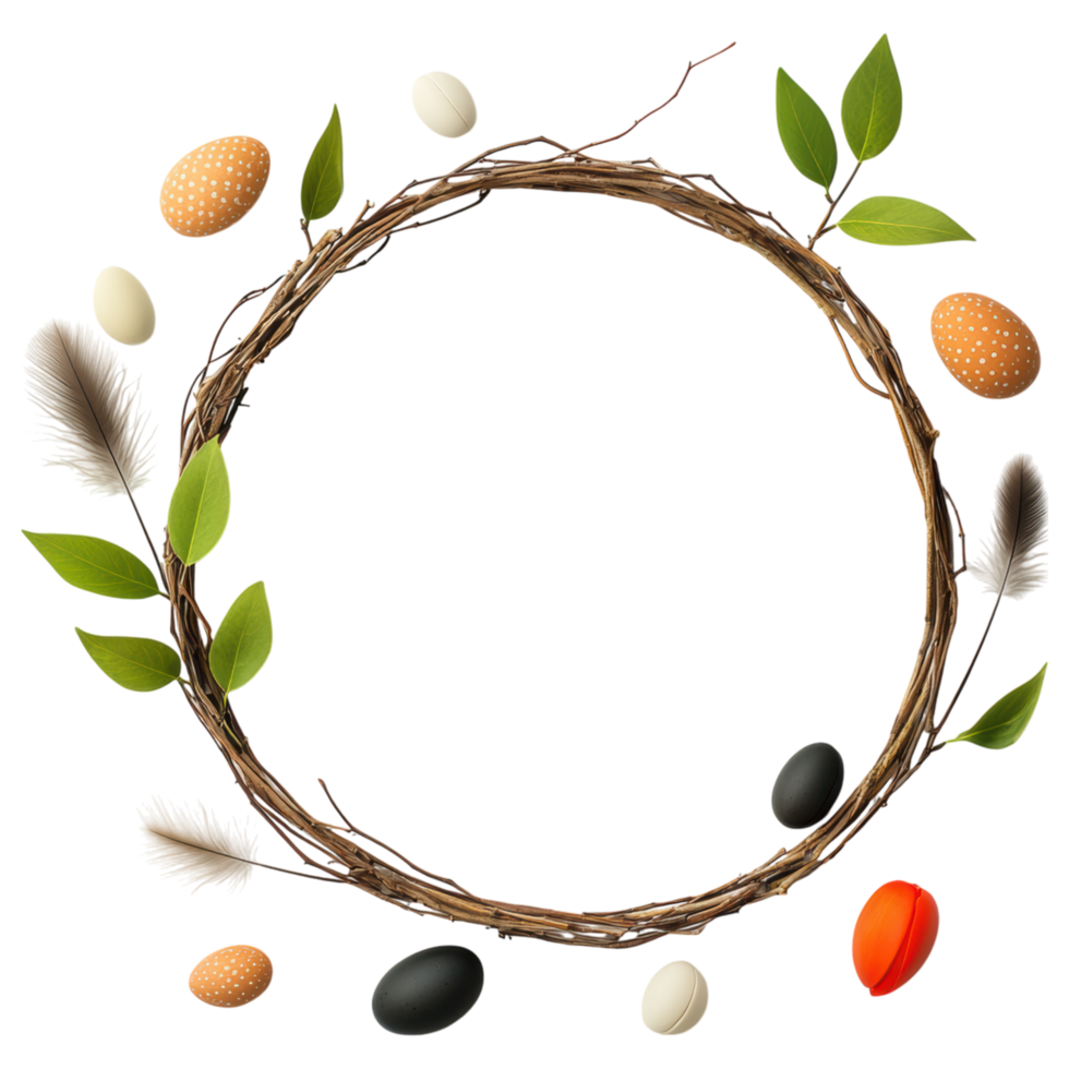 Free Isolated on Transparent Background, Easter frame with colorful eggs and leaves creates festive atmosphere png