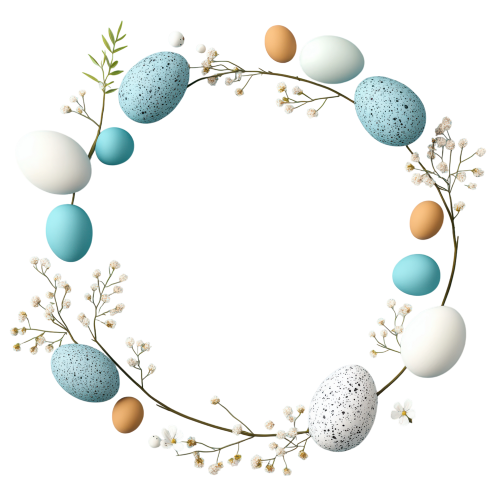 Free Isolated on Transparent Background, Easter frame adorned with colorful eggs and delicate flowers creates joyful spring atmosphere png
