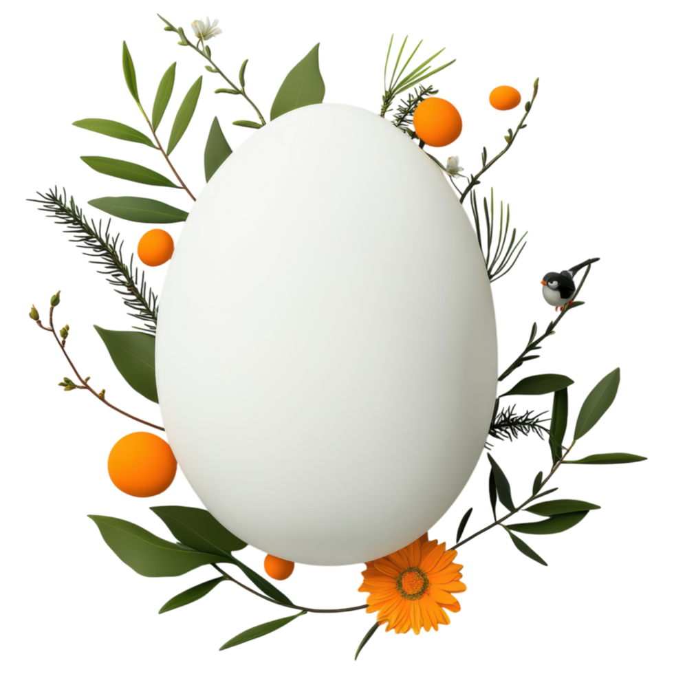 Free Isolated on Transparent Background, beautiful easter frame surrounds white egg with vibrant flowers and greenery creating festive atmosphere png