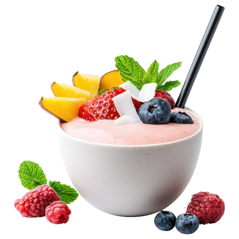 Free Isolated on Transparent Background, delicious smoothie drink topped with fresh fruits and mint leaves creates refreshing treat png