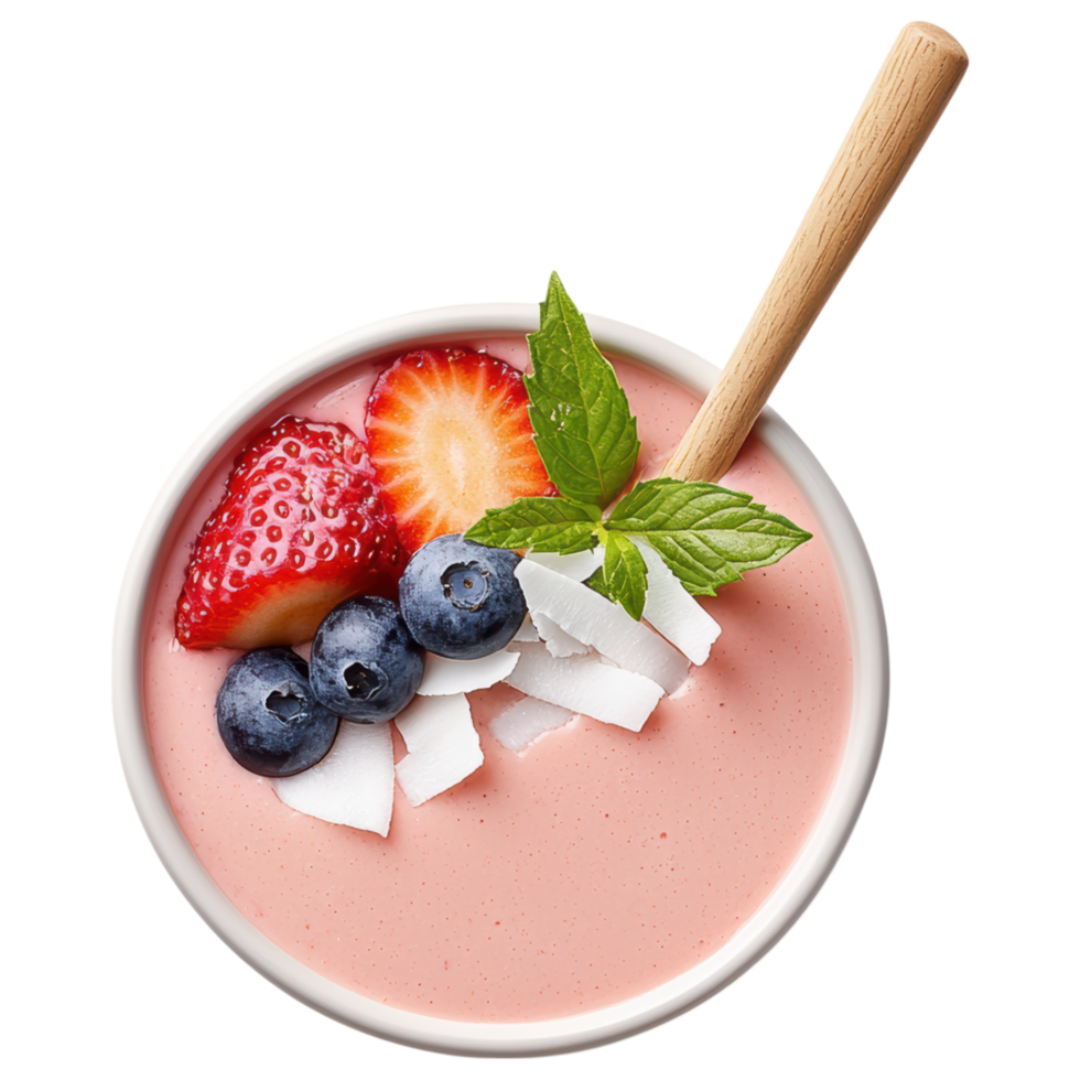 Free Isolated on Transparent Background, delicious smoothie drink topped with fresh berries and mint creates refreshing treat png