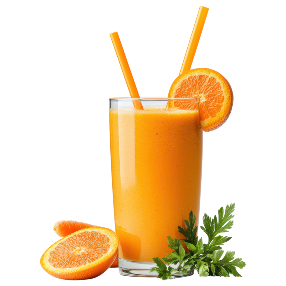 Free Isolated on Transparent Background, Refreshing smoothie drink with vibrant orange color garnished with fresh orange slices and herbs png