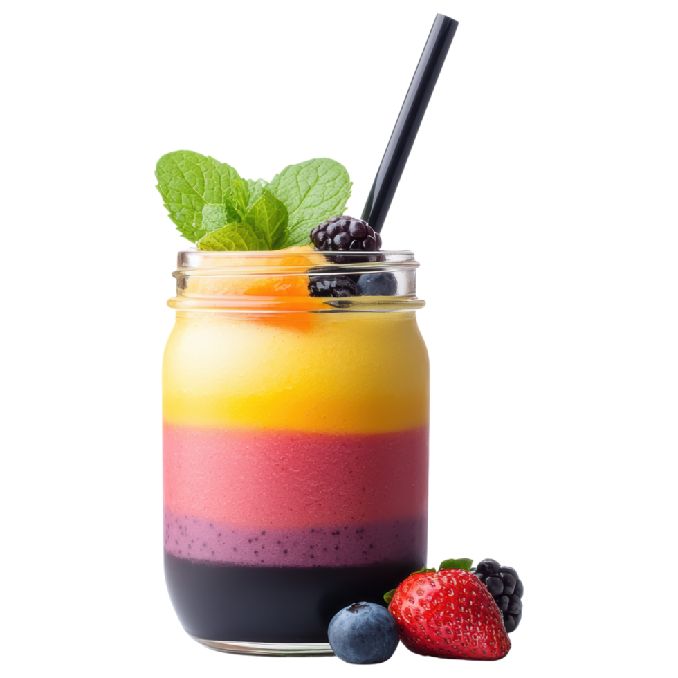 Free Isolated on Transparent Background, colorful smoothie drink with layers of fruit flavors garnished with mint leaves and berries png