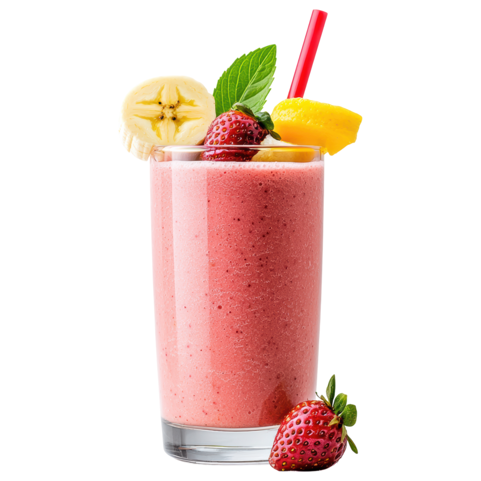 Free Isolated on Transparent Background, refreshing smoothie drink made with strawberries, banana, and mango garnished with mint leaves png