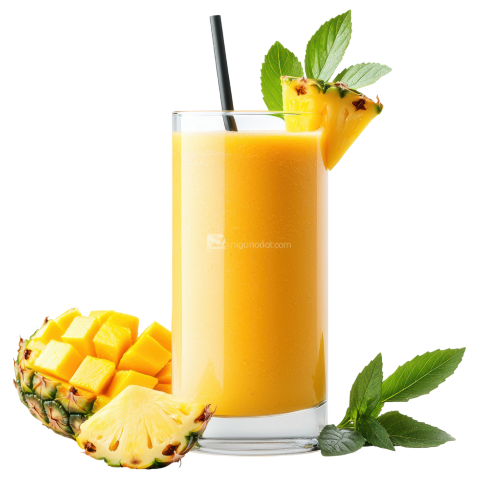 Free Isolated on Transparent Background, Refreshing smoothie drink made with ripe mango and pineapple garnished with mint leaves png