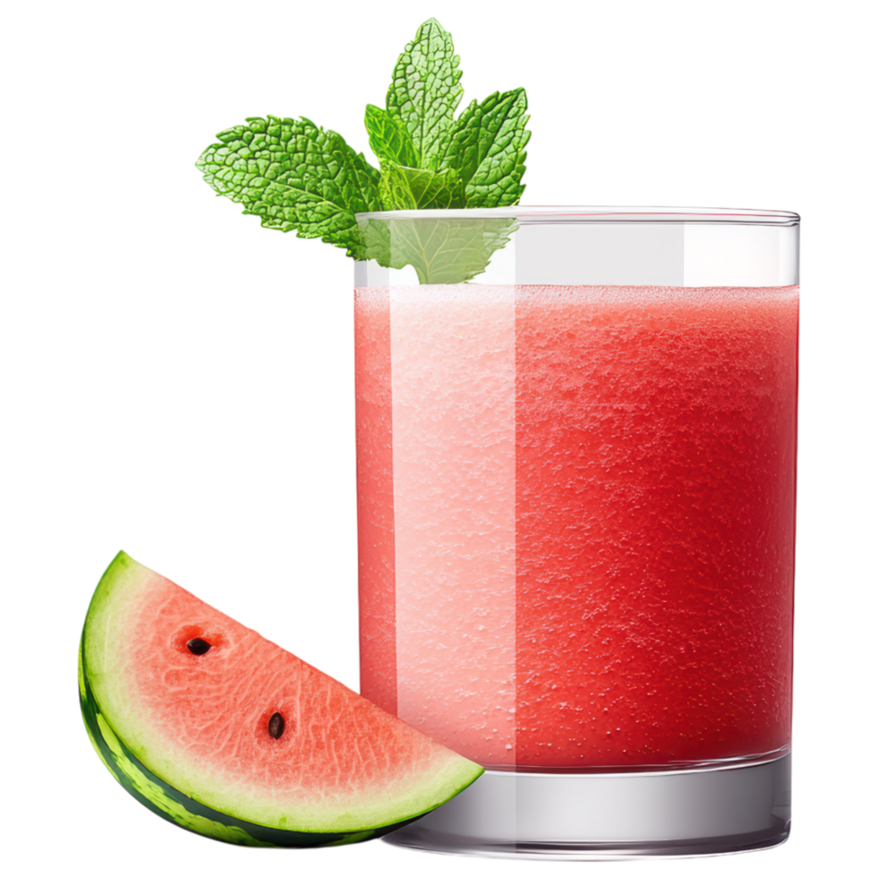 Free Isolated on Transparent Background, Refreshing watermelon smoothie drink in glass garnished with mint leaves is perfect for hot day png