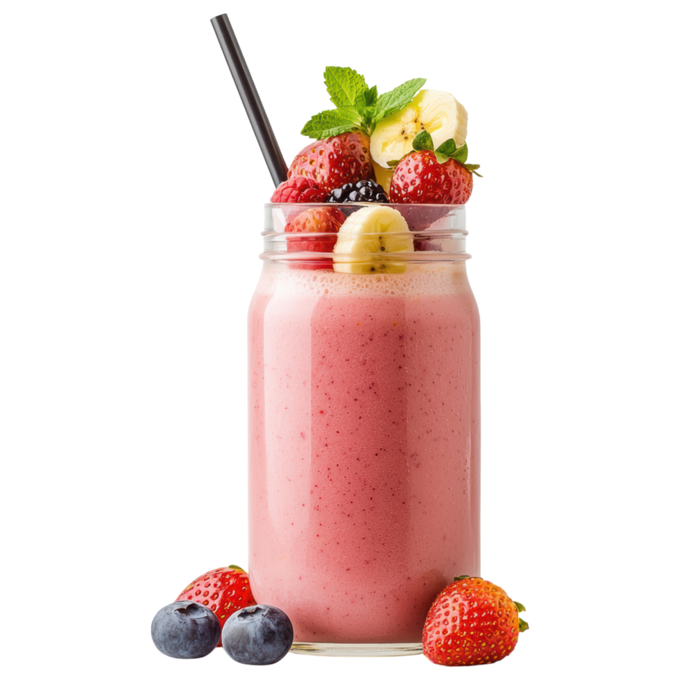 Free Isolated on Transparent Background, refreshing smoothie drink topped with fresh fruits like strawberries and bananas png