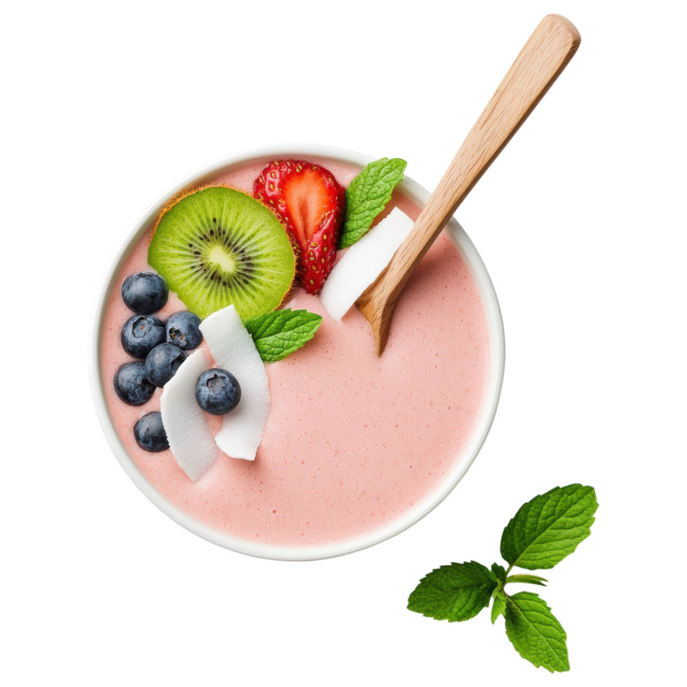 Free Isolated on Transparent Background, refreshing smoothie drink topped with fresh fruits and mint leaves creates delightful experience png