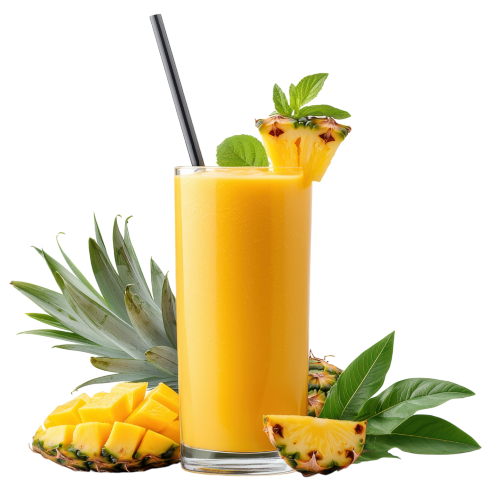 Free Isolated on Transparent Background, Refreshing smoothie drink made with tropical fruits like pineapple and mango garnished with mint png