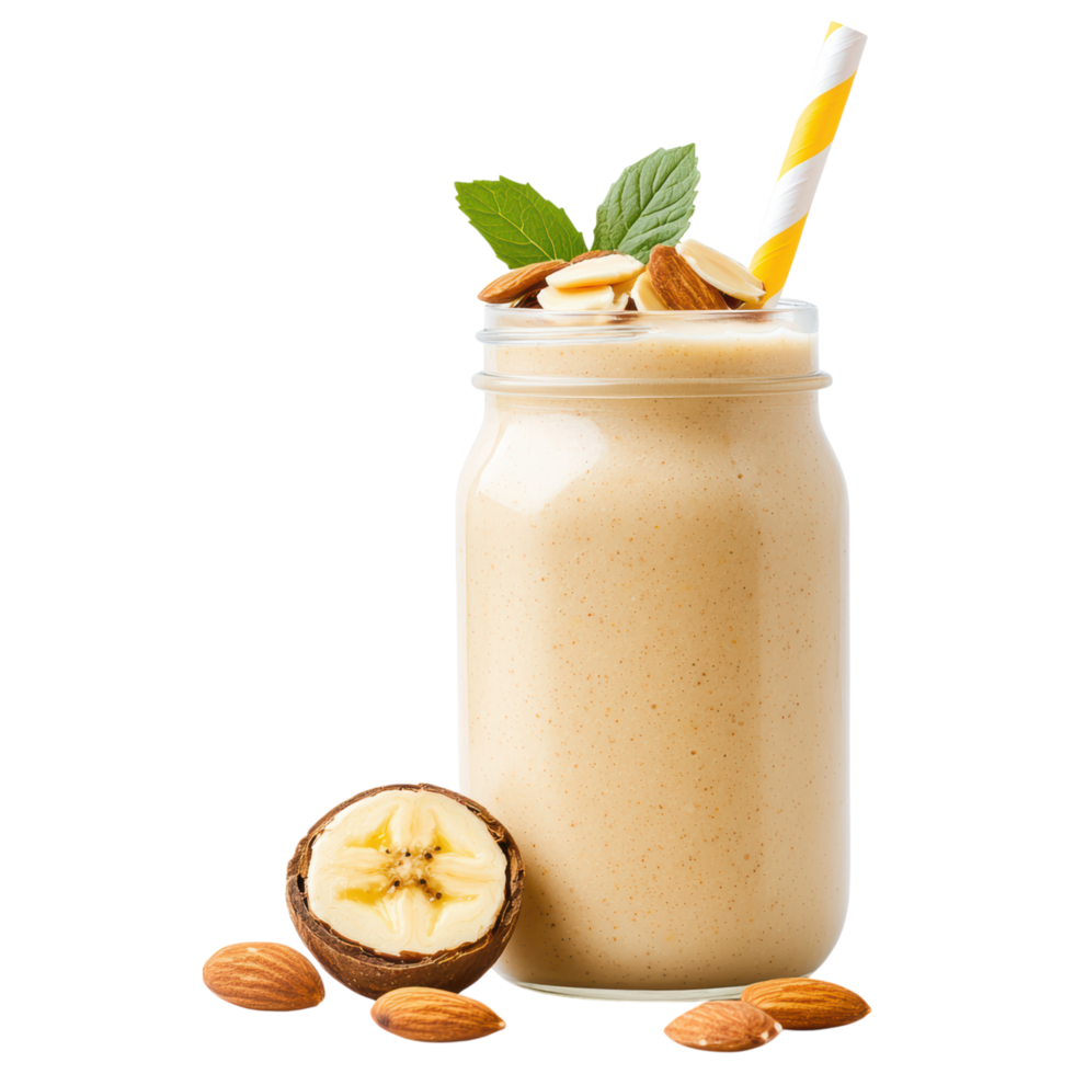 Free Isolated on Transparent Background, Creamy smoothie drink topped with banana slices and almonds offers refreshing taste png