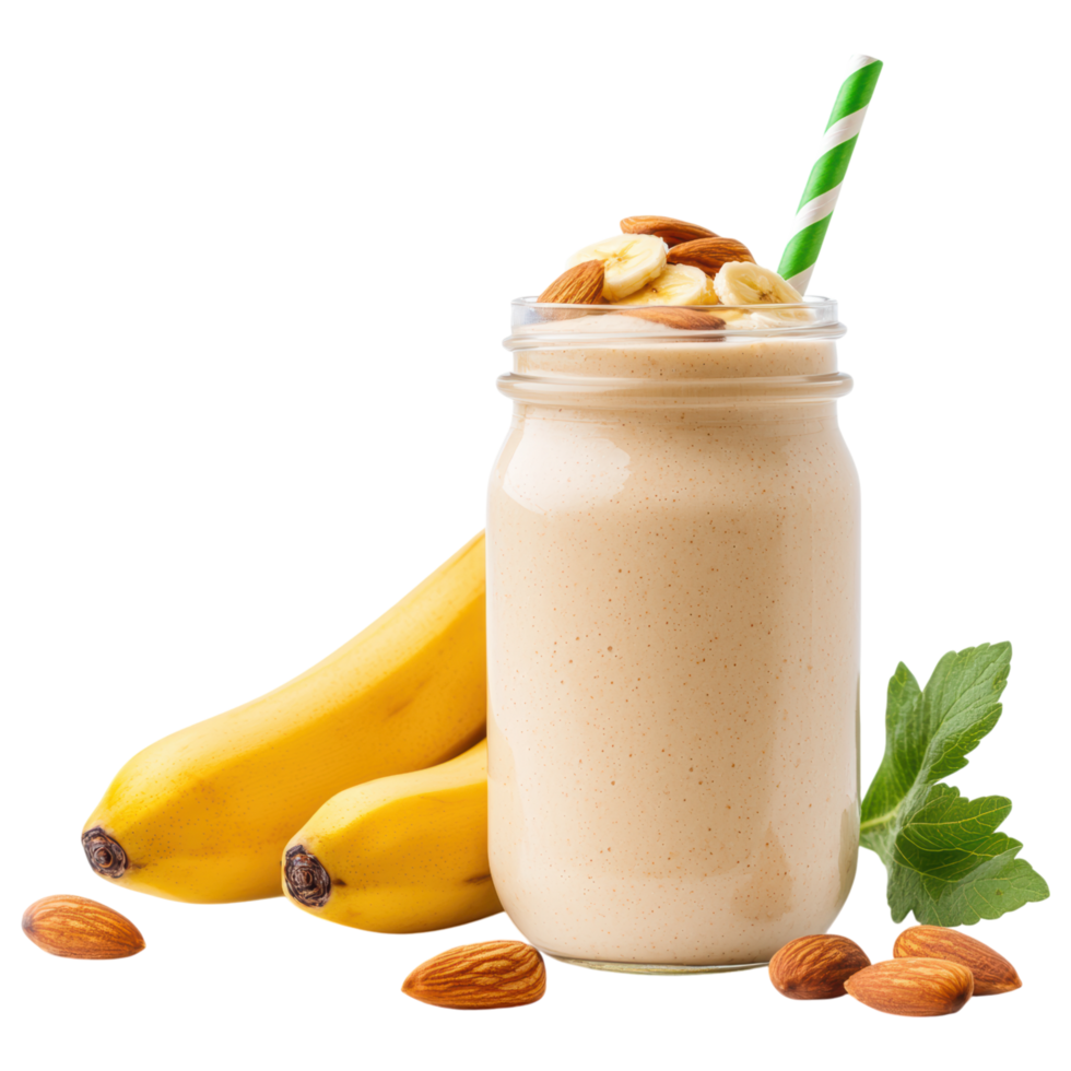 Free Isolated on Transparent Background, delicious smoothie drink made with bananas and topped with almonds creates refreshing treat png