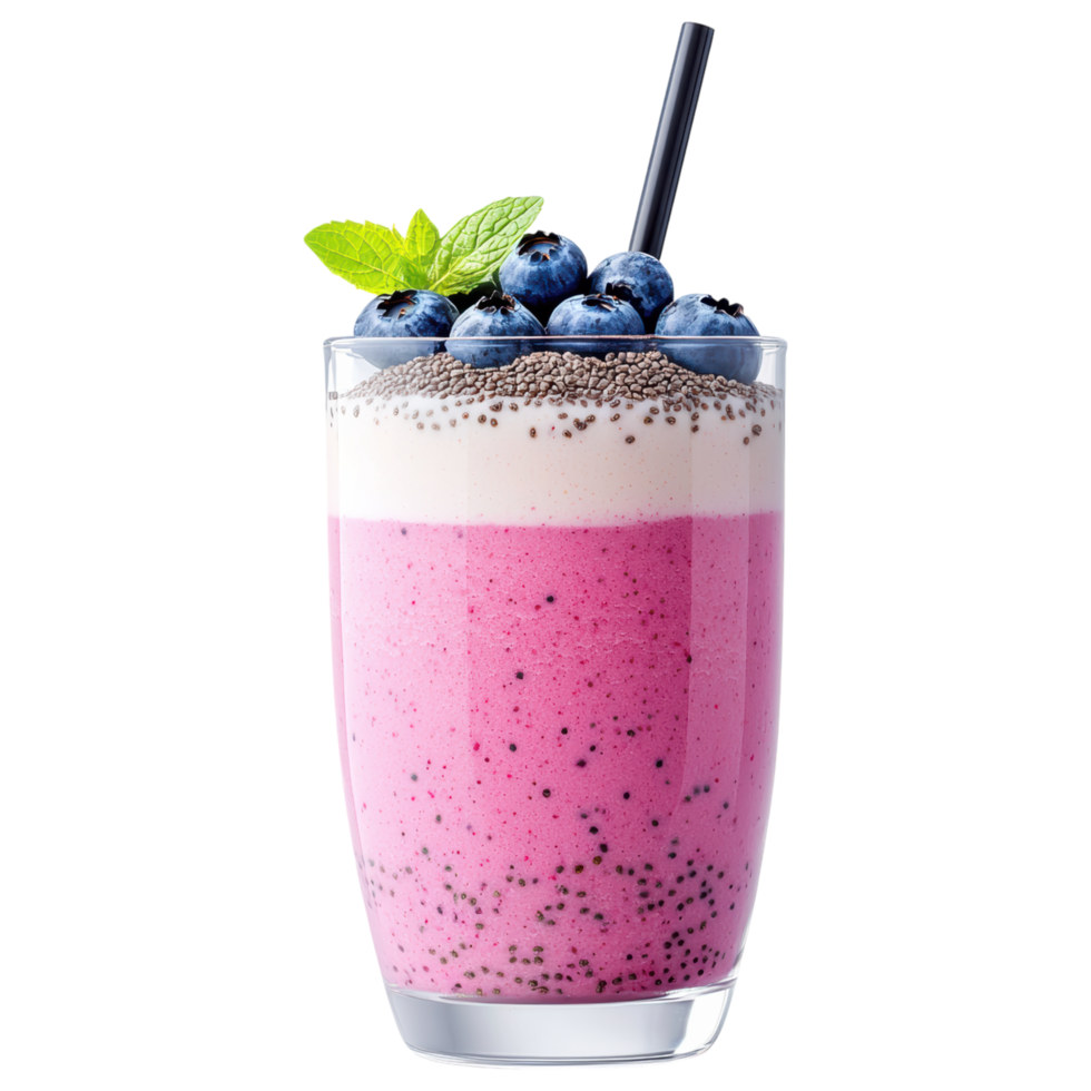 Free Isolated on Transparent Background, refreshing smoothie drink with layers of vibrant colors topped with blueberries and mint leaves png