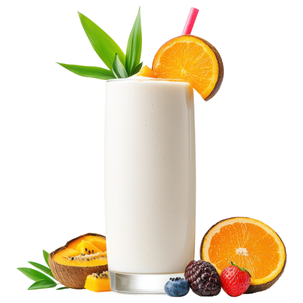 Free Isolated on Transparent Background, refreshing smoothie drink made with tropical fruits and garnished with vibrant orange slices png