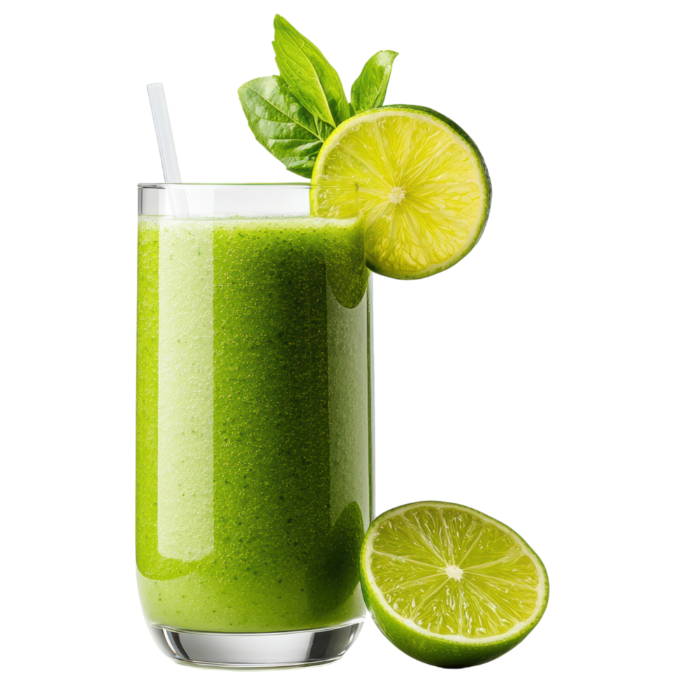 Free Isolated on Transparent Background, Refreshing smoothie drink with vibrant green color and lime garnish png