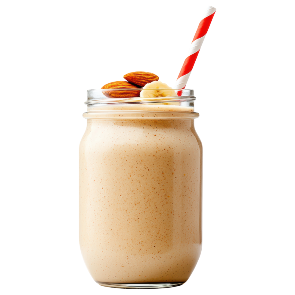 Free Isolated on Transparent Background, Creamy smoothie drink topped with almonds and banana in glass jar with striped straw png