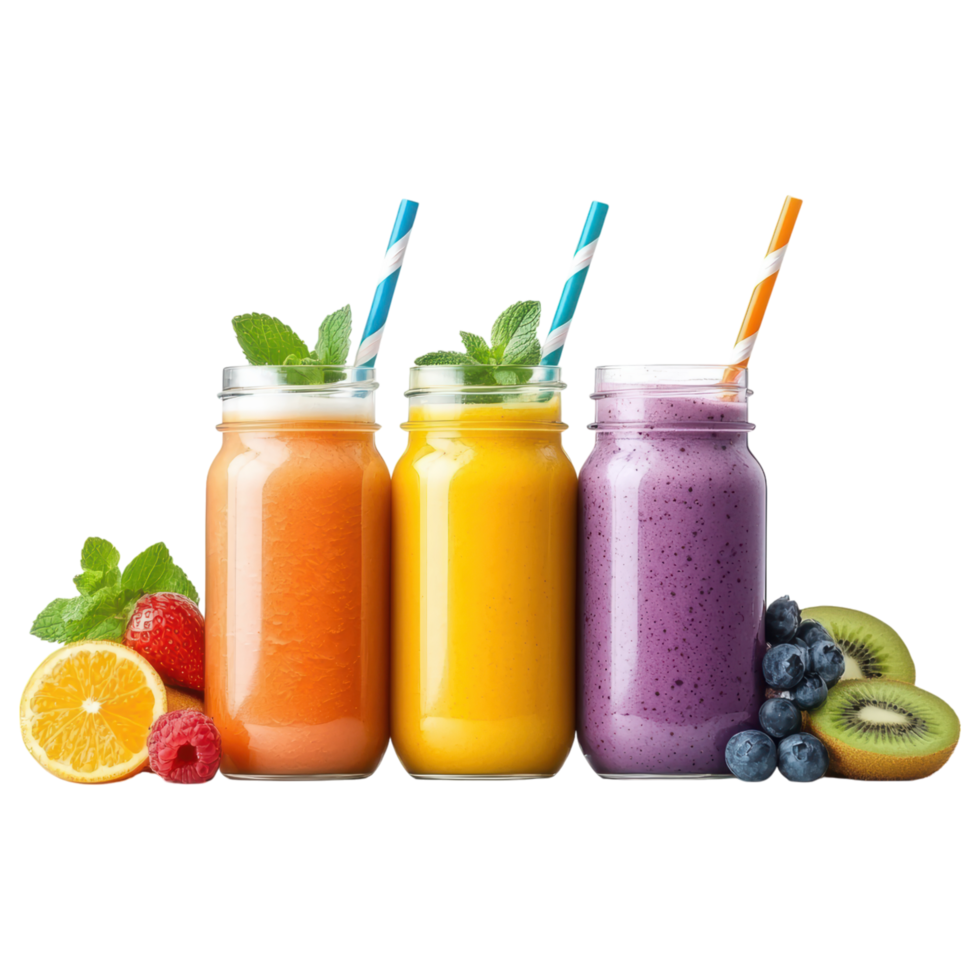 Free Isolated on Transparent Background, Refreshing smoothie drink options in vibrant colors showcase delicious fruits and mint leaves png