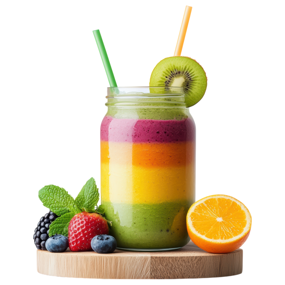 Free Isolated on Transparent Background, vibrant smoothie drink layered with fresh fruits and greens creates refreshing experience png