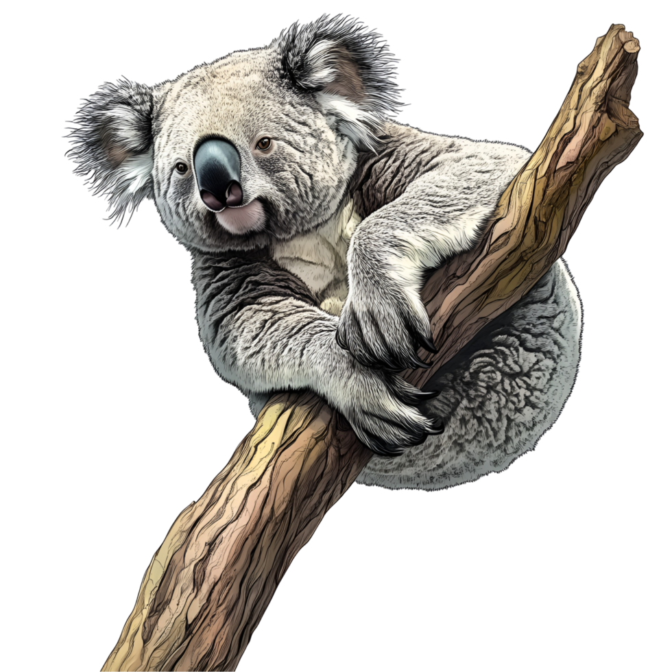 Cute Koala Figurine Resting On Tree Branch Transparent Background png