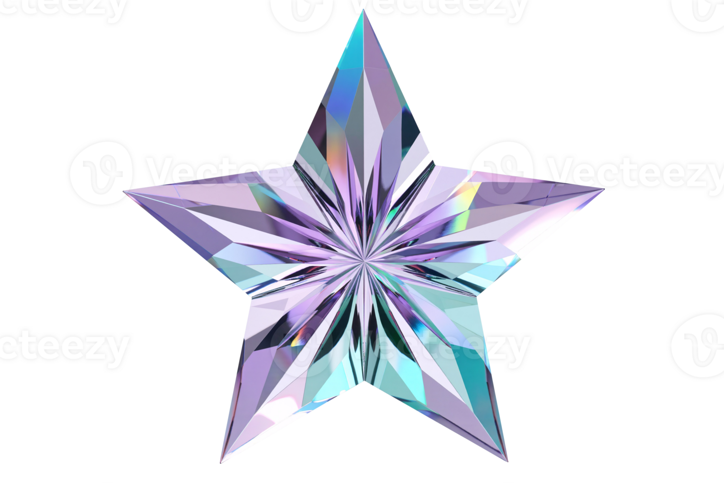 Intricate faceted crystal star with holographic and iridescent light reflections on transparent background png