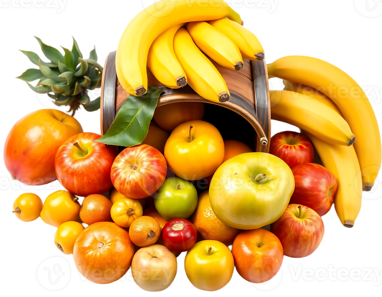 Assortment of fresh fruits spilling from a wooden barrel png