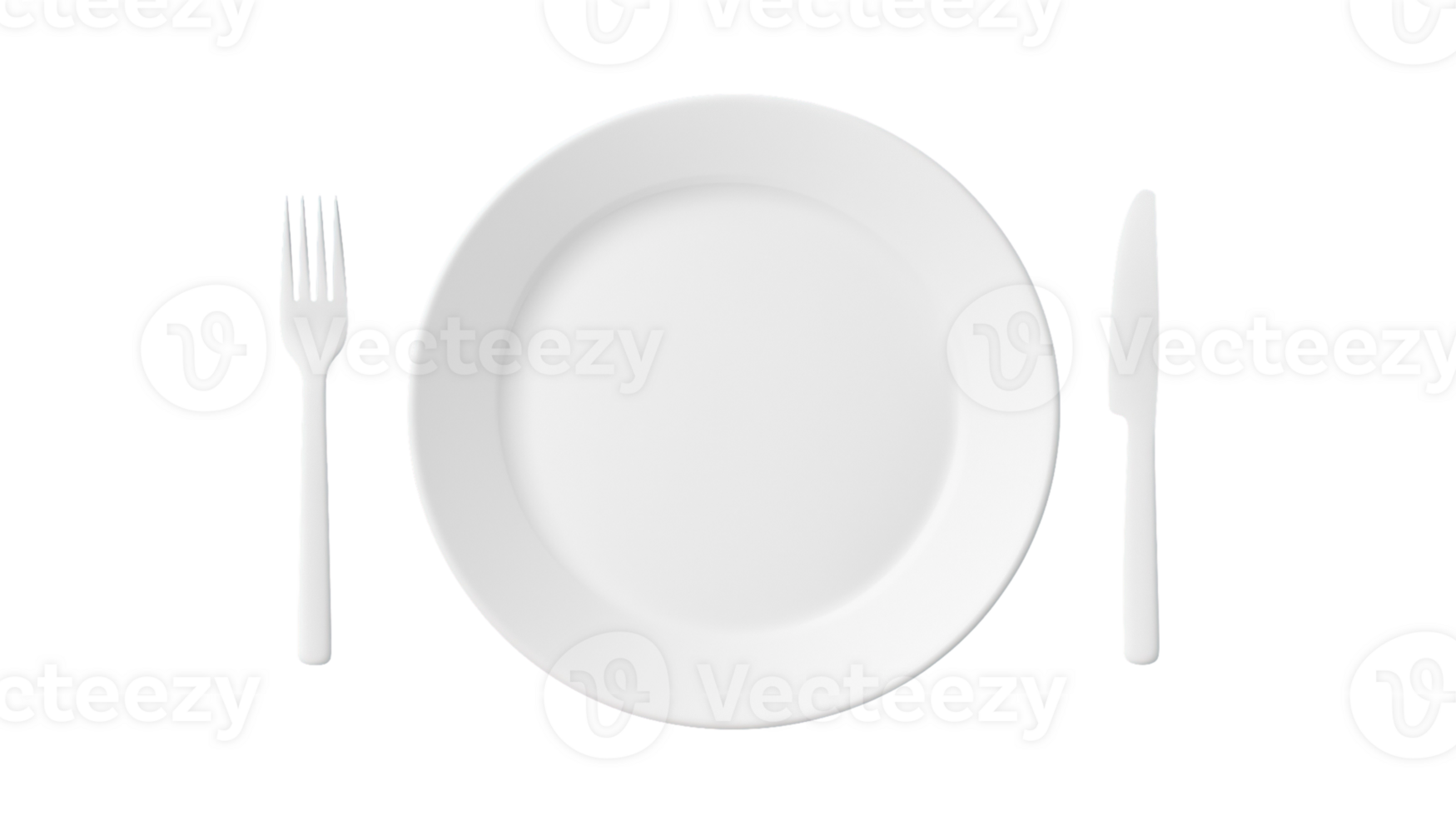 A minimalist setting featuring an empty white plate flanked by a fork and knife, perfect for culinary presentations or dining concepts in modern aesthetics. png