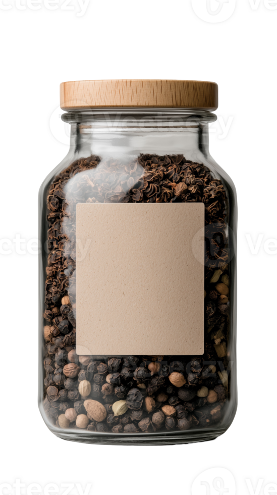 A clear glass jar filled with various spices, featuring a wooden lid and a blank label for customization. Ideal for kitchen organization and aesthetic appeal. png