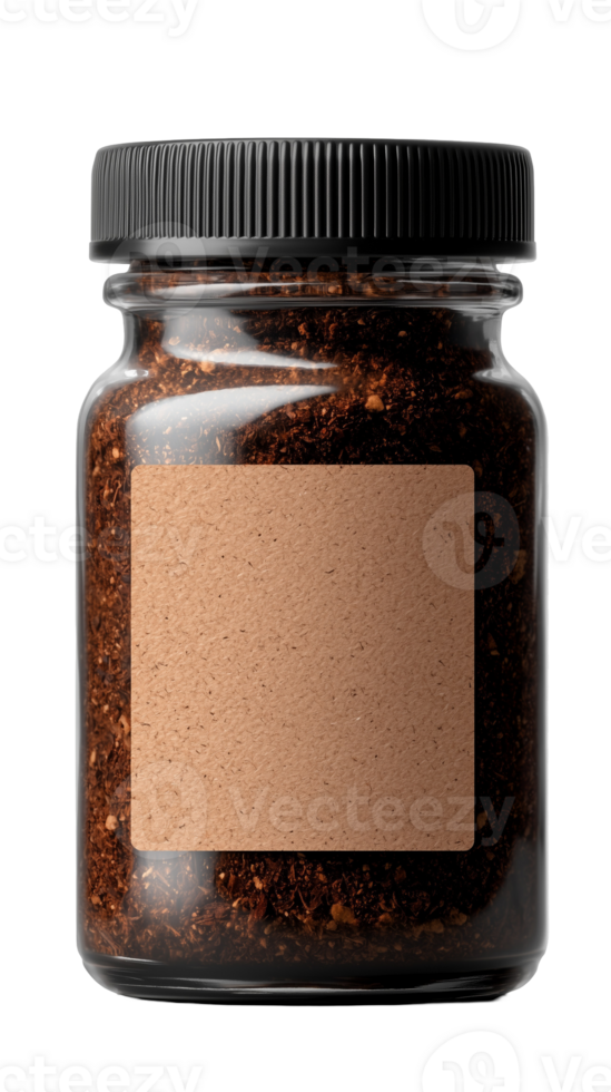 A clear glass jar filled with rich coffee grounds, featuring a blank label for customization. Perfect for showcasing coffee products or DIY projects in modern kitchens. png