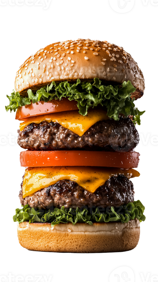 Indulge in this mouthwatering triple layer cheeseburger, featuring juicy beef patties, melted cheese, fresh lettuce, and ripe tomatoes, perfect for burger lovers. png