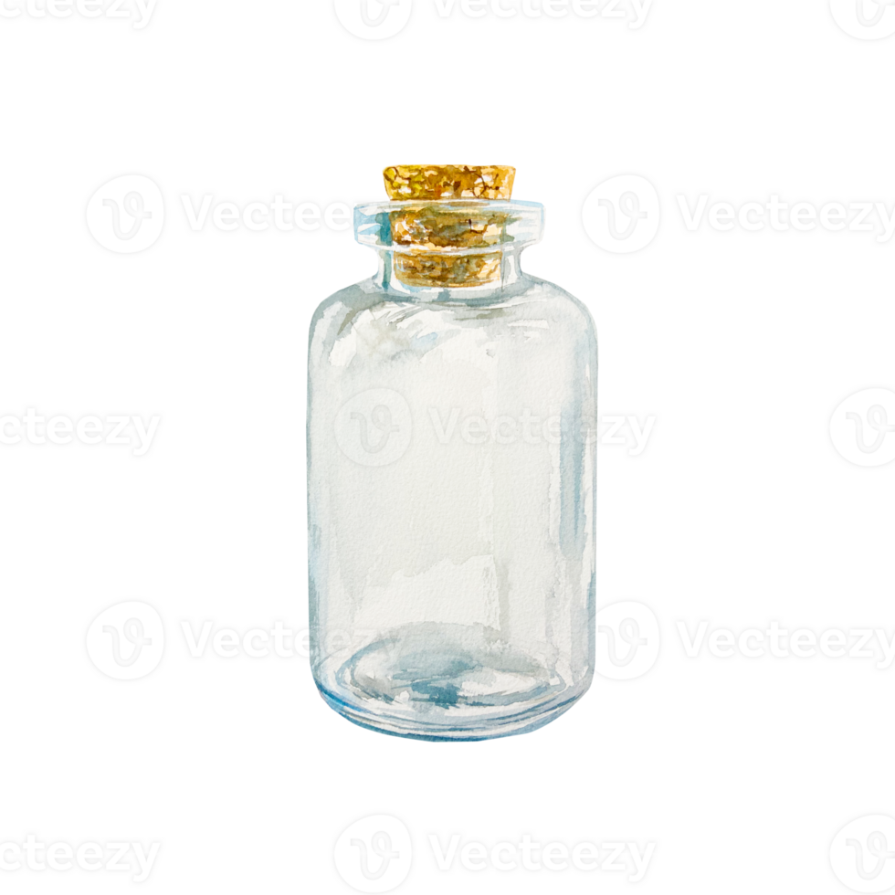 Glass bottle with cork, empty. Hand drawn watercolor illustration. For cosmetic collections, cards, labels, posters and SPA salon price list design. png