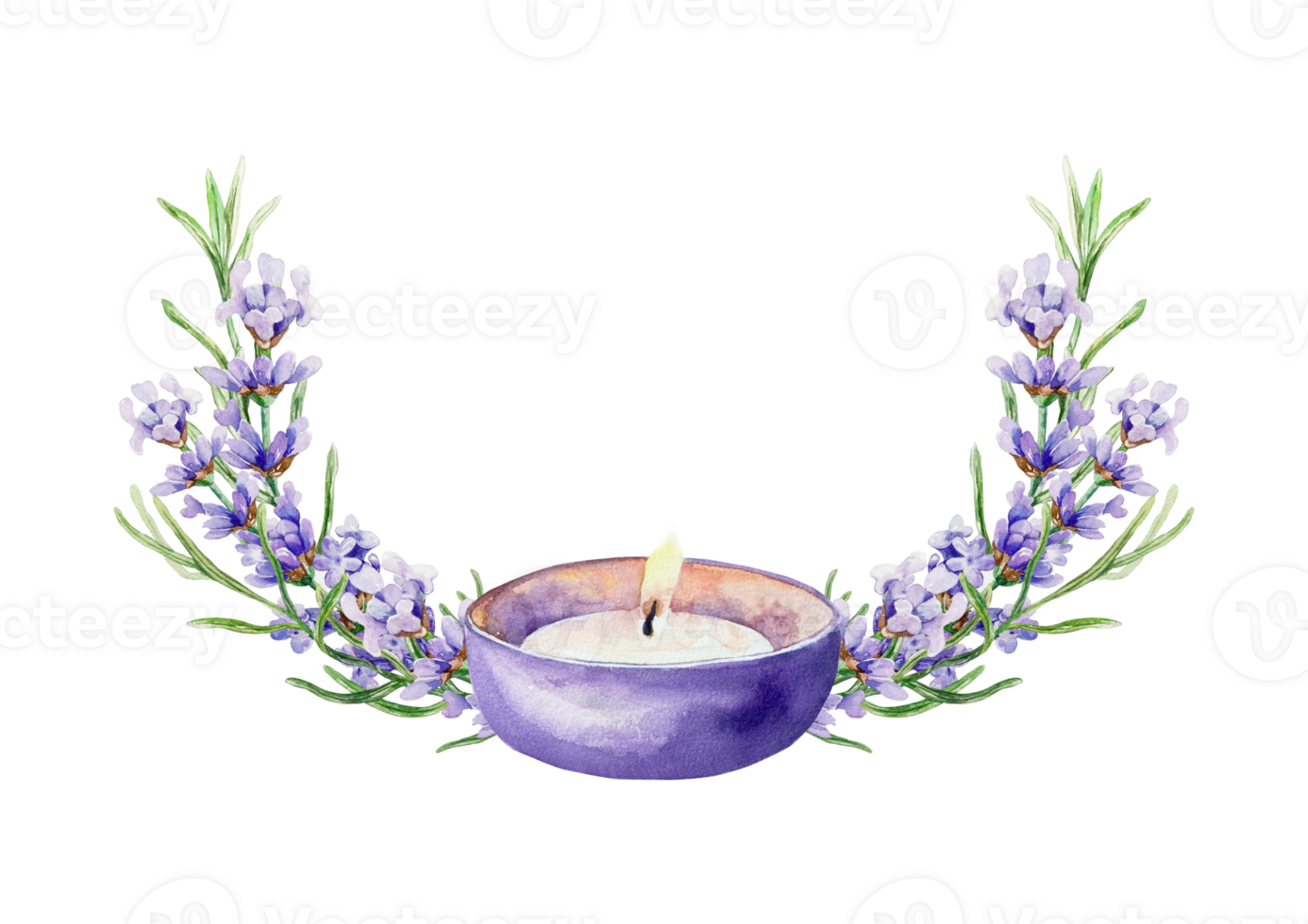 Lavender branches and candle. Hand drawn watercolor illustration. For birthday cards, invitations, summer banners, spa posters, labels. png