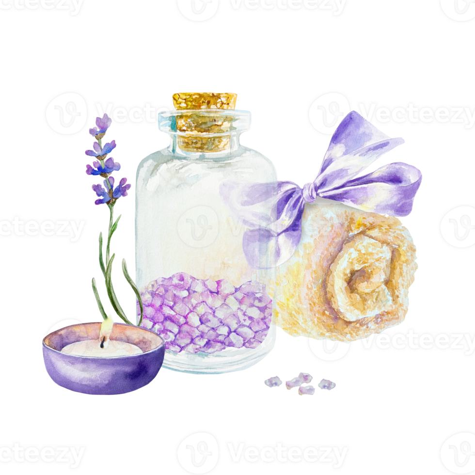 Lavender SPA treatment, bath sea salt in a bottle, towel, candle, flower. Hand drawn watercolor illustration. For certificates and invitations, postcards, posters, banners, menu. png