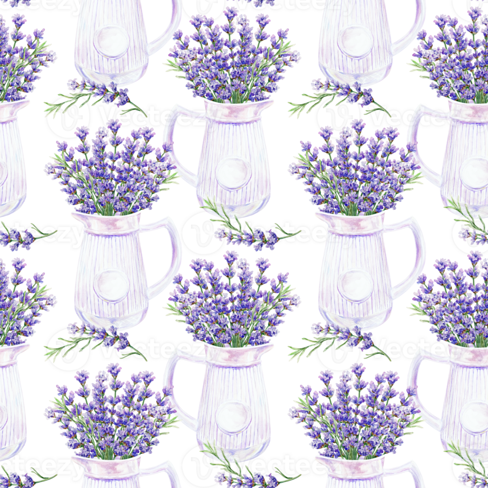 Lavender bouquet in white porcelain jug seamless pattern. Hand drawn watercolor illustration. For textile, covers, fabric, wrapping paper, wallpaper, towels, napkins. png