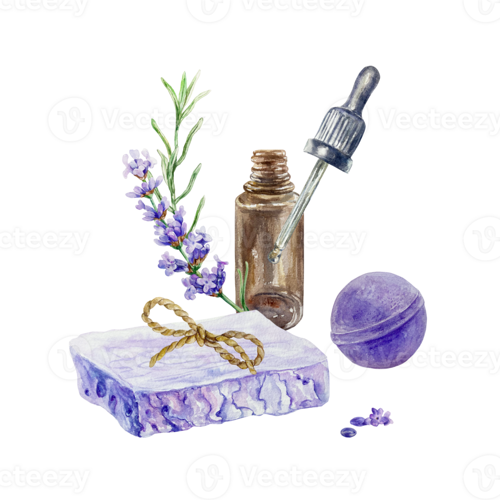 Lavender SPA with oil, soap, flower branch and bath bomb. Hand drawn watercolor illustration. For invitations, cosmetic product labels, gift certificates to salons. png