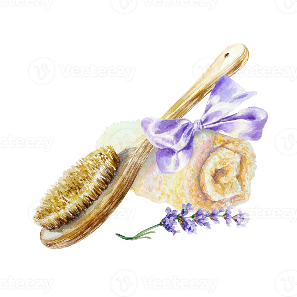 Lavender spa treatment, scrub brush, towel with bow, flower. Hand drawn watercolor illustration. For certificates and invitations, postcards, posters, banners, menu. png