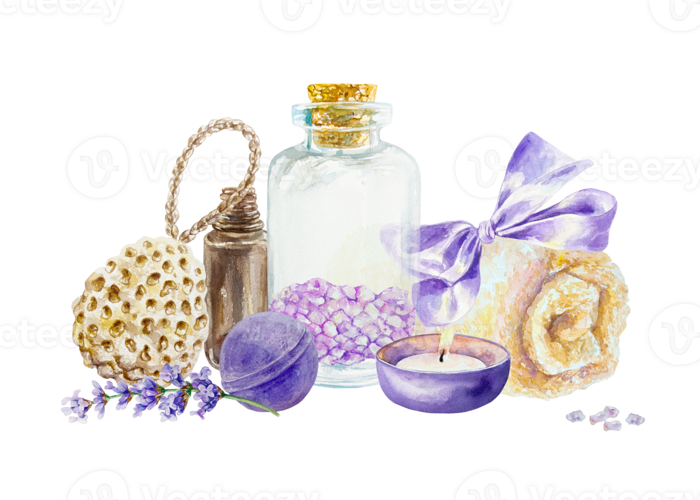 Lavender Relax. Bath salt, towel, candle, massage oil, loofah, flower sprig. Hand drawn watercolor illustration. For cards, invitations, certificates, labels. png