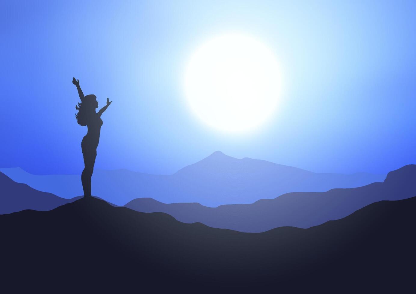 Silhouette of a female stood on a hill with her arms raised against a moonlit sky vector