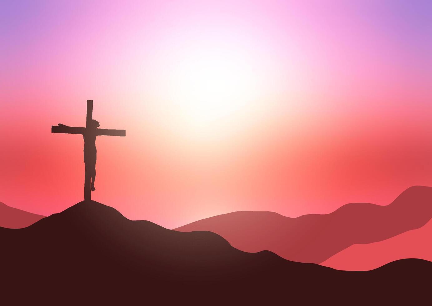 Silhouette of Jesus on a cross in a sunset landscape good friday background vector