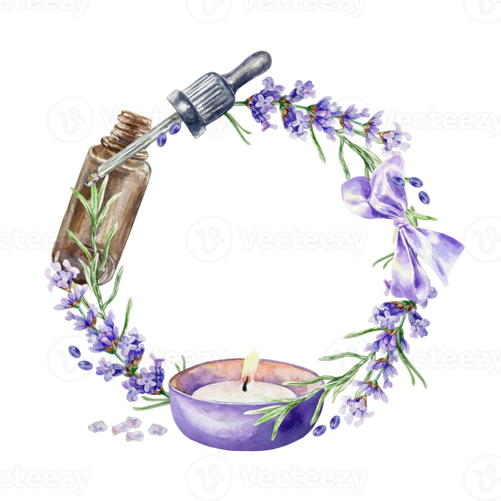 Lavender wreath, candle, aroma oil, essence. Round frame. Hand drawn watercolor illustration of Provence flowers. For cosmetic labels, postcards, spa certificates, invitations. png