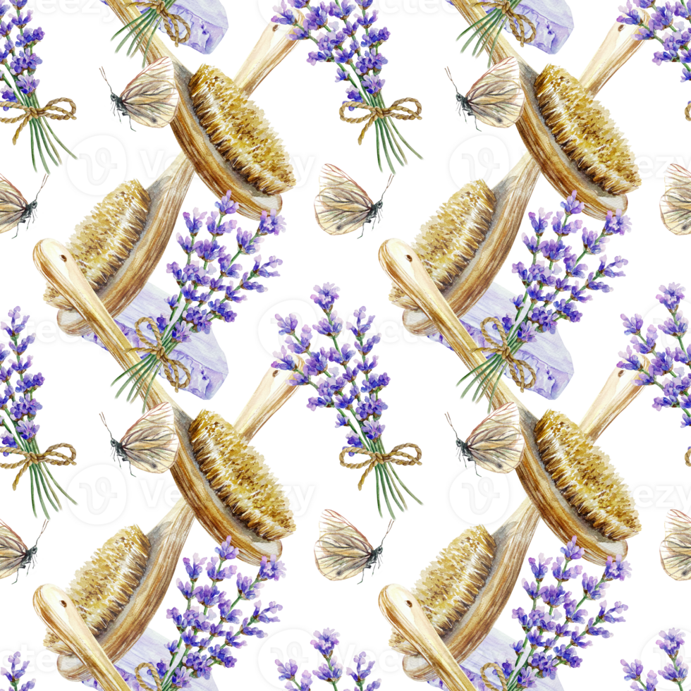Lavender bouquet, massage brush, butterflies seamless pattern. Hand drawn watercolor illustration. For textile, covers, fabric, wrapping paper, wallpaper, towels, napkins. png