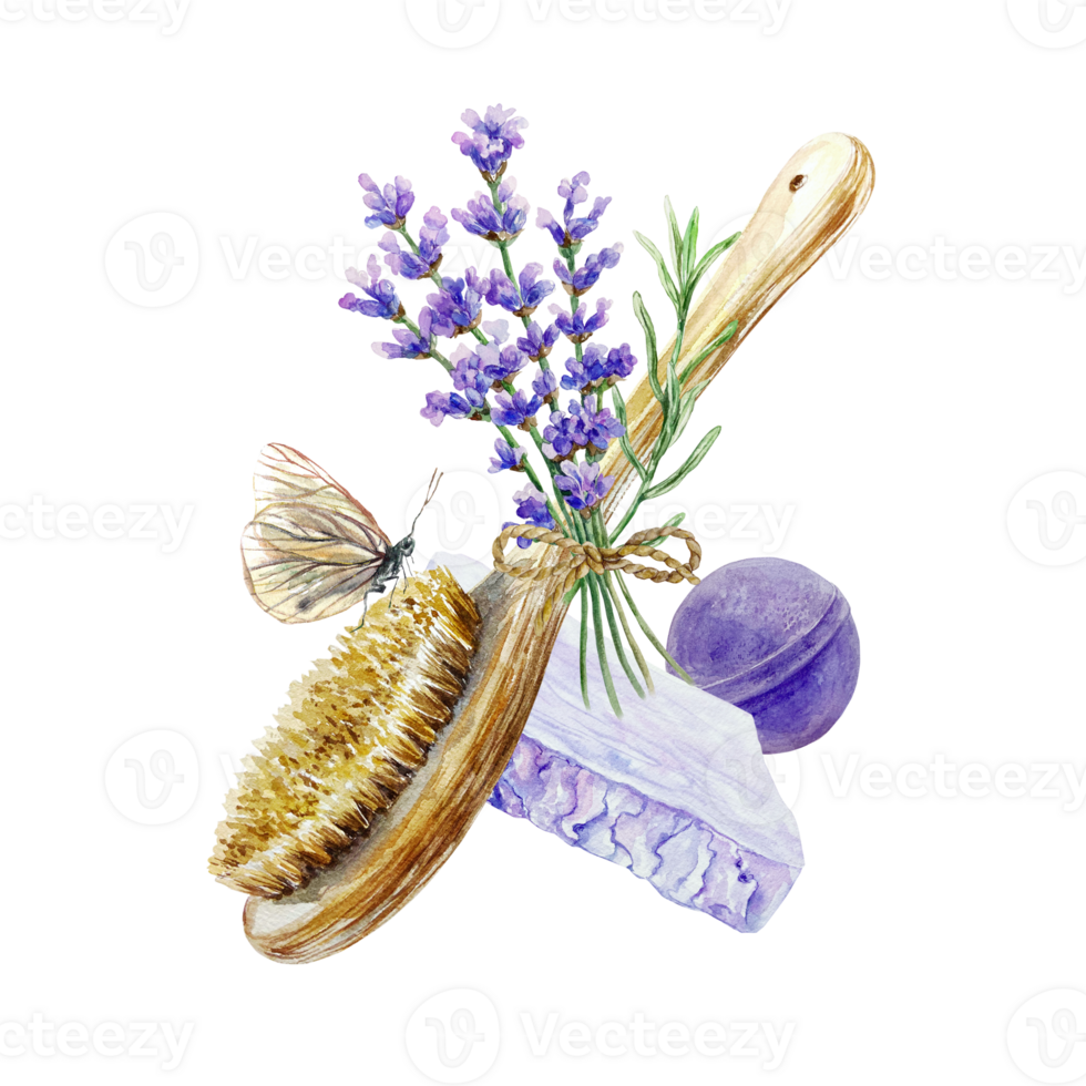 Lavender spa treatment, scrub brush, bath bomb, bouquet, soap, butterfly. Hand drawn watercolor illustration. For certificates and invitations, postcards, posters, banners, menu. png