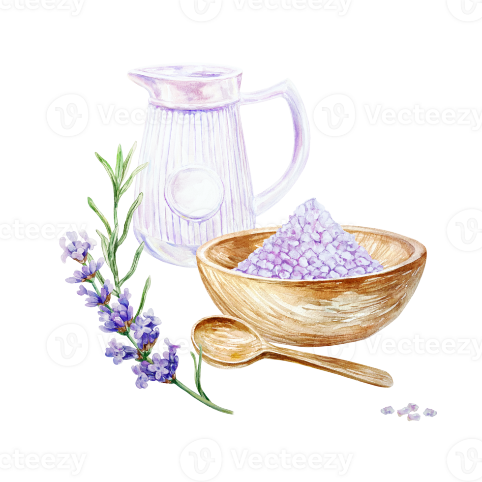 Lavender SPA with salt in a plate, white jug and a sprig of flower. Hand drawn watercolor illustration. For invitations, labels of cosmetic products, gift certificates to salons. png