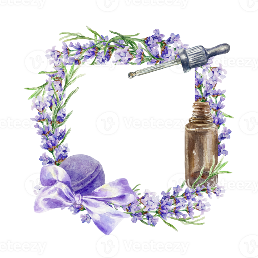 Lavender frame, square. Sprigs of purple flowers with a satin bow, a bottle of oil, a pipette. Watercolor illustration. Greeting cards, invitations to spa salons, labels, gift certificates. png