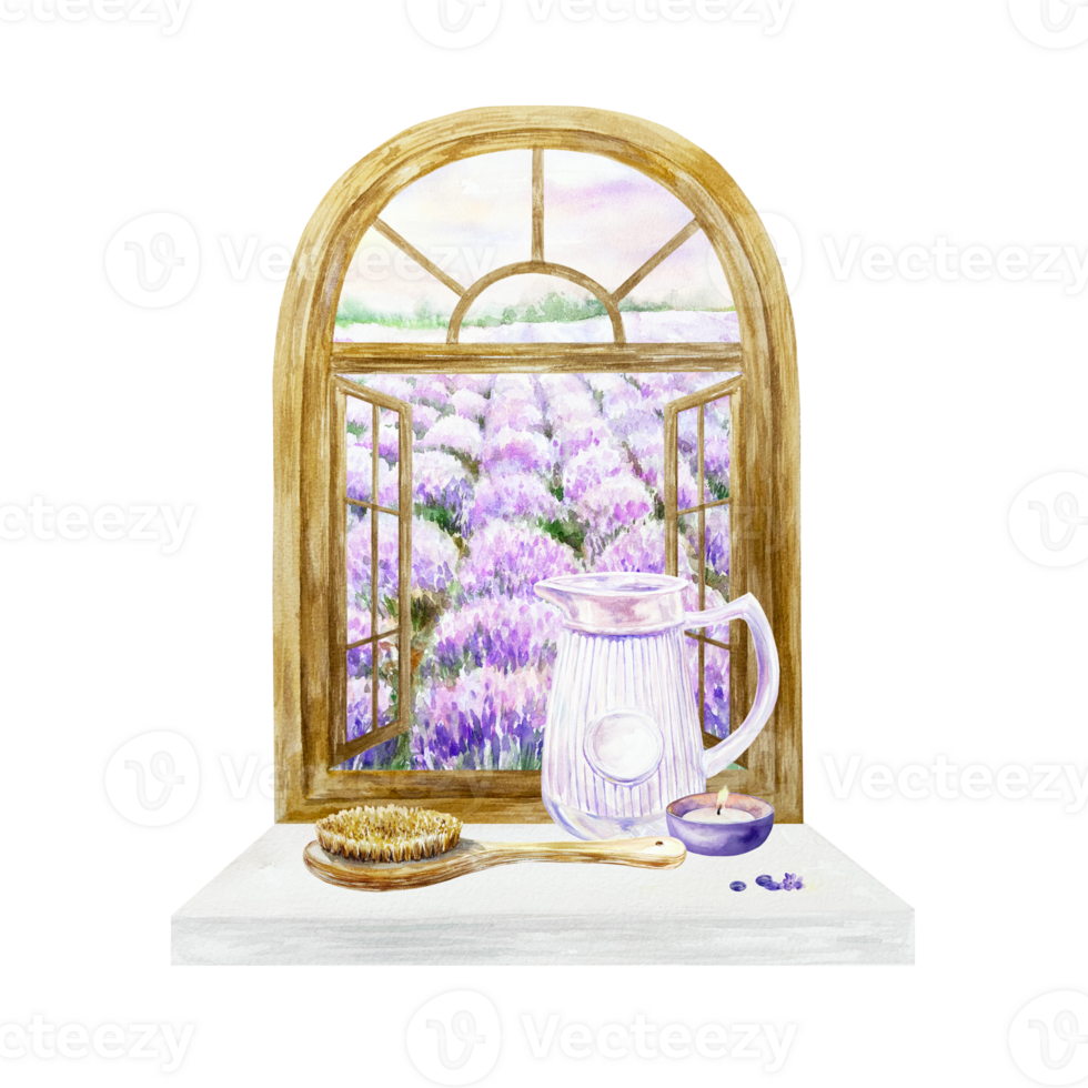 Window with lavender field view, jug, candle, massage brush. Hand drawn watercolor illustration of Provence flowers. For cosmetic labels, postcards, spa certificates, invitations. png
