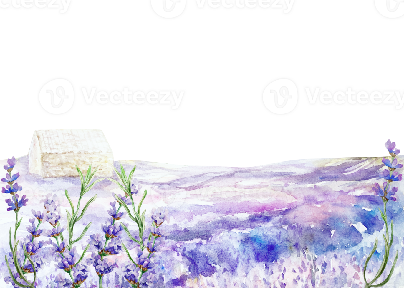 Lavender field. Horizontal landscape with flowers and a house. Hand drawn watercolor illustration. For greeting cards, invitations, certificates, labels, posters, banners. png