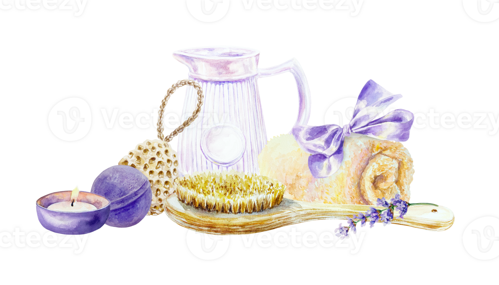 Lavender relax. Jug, towel, candle, massage brush, bath bomb, flower sprig. Hand drawn watercolor illustration. For cards, invitations, certificates, labels. png